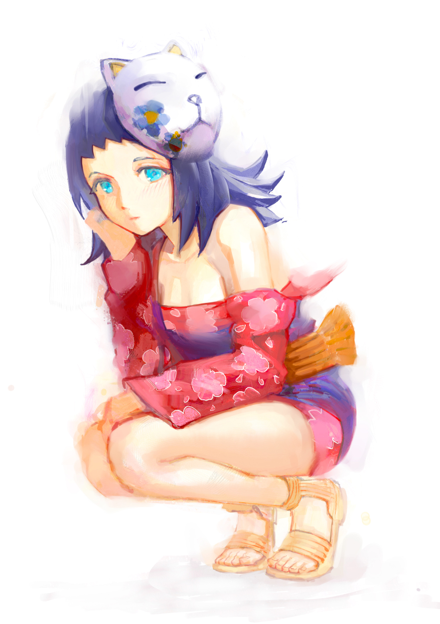 1girl, bangs, bare_legs, black_hair, blue_eyes, brown_footwear, fox_mask, highres