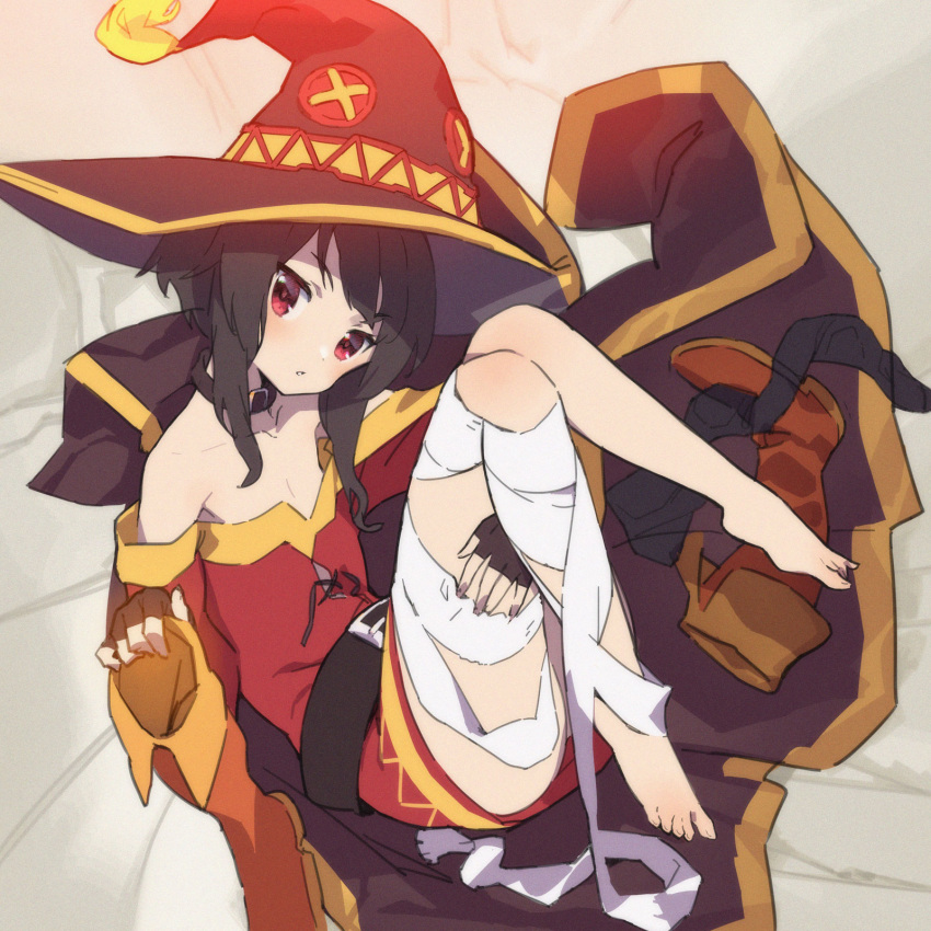 1girl, bandaged_leg, bandages, bare_shoulders, barefoot, black_cape, black_headwear, black_legwear