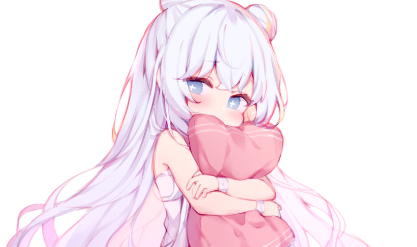 +_+, 1girl, azur_lane, bangs, blue_eyes, blush, commentary_request, covered_mouth, double_bun, eyebrows_visible_through_hair, eyes_visible_through_hair, head_tilt, le_malin_(azur_lane), le_malin_(the_knight's_true_nature)_(azur_lane), long_hair, looking_at_viewer, pillow, pillow_hug, sidelocks, simple_background, solo, sudango, symbol-shaped_pupils, white_background, white_hair