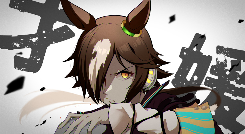 1girl, animal_ears, background_text, brown_hair, commentary_request, glowing, glowing_eye, haibarasaika