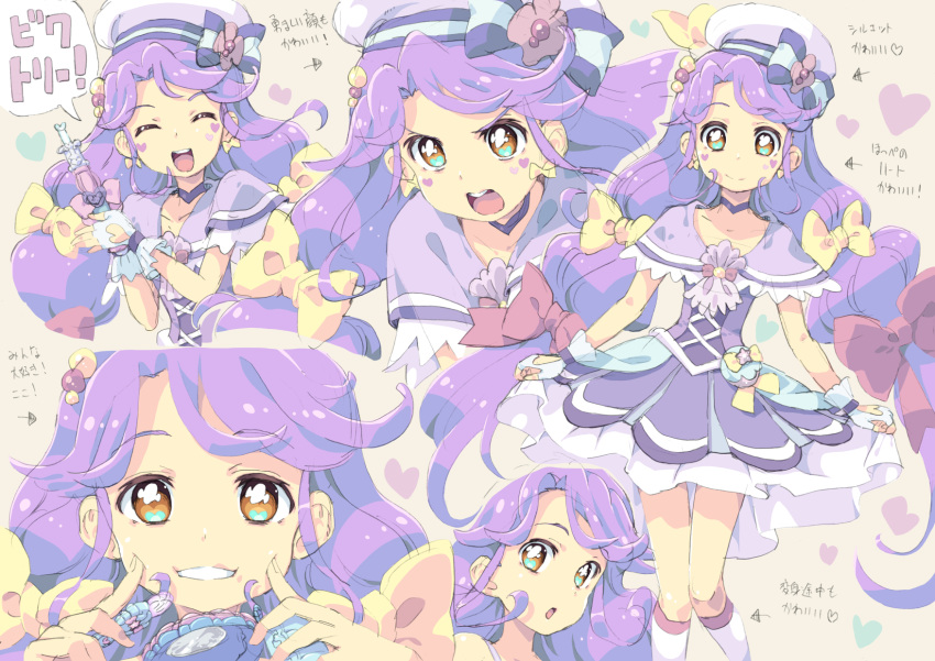 1girl, :o, ^_^, ^o^, angry, aqua_eyes, asymmetrical_bangs, bangs, blue_stripes, bow, bow_earrings, brown_eyes, cheek_poking, choker, closed_eyes, closed_mouth, clothing_cutout, cowboy_shot, cropped_arms, cropped_torso, cure_coral, dress, earrings, eyebrows_visible_through_hair, face, facing_viewer, fingerless_gloves, fingersmile, gloves, grin, hair_bow, hair_flaps, hair_ornament, hands_on_own_cheeks, hands_on_own_face, hat, hat_bow, heart, heart_background, heart_cutout, heart_facial_mark, heart_in_eye, heart_rouge_rod, highres, homing_(areya), jewelry, knees_together_feet_apart, long_hair, looking_at_viewer, looking_away, low-tied_long_hair, magical_girl, multi-tied_hair, multicolored, multicolored_eyes, multiple_hair_bows, multiple_views, open_mouth, pink_background, pink_bow, poking, portrait, pouch, precure, purple_bow, purple_choker, purple_dress, purple_hair, purple_stripe, round_teeth, sailor_hat, serious, simple_background, smile, socks, solo, speech_bubble, striped, striped_bow, striped_legwear, suzumura_sango, symbol_in_eye, teeth, translation_request, tropical-rouge!_precure, tropical_pact, twintails, upper_body, upper_teeth, v-shaped_eyebrows, very_long_hair, white_gloves, white_legwear, yellow_bow
