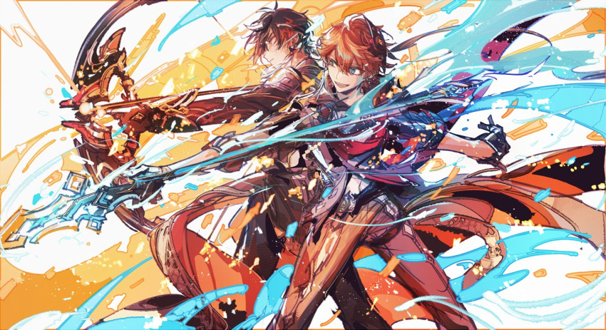 2boys, ayano_(katou), bangs, blue_eyes, bow_(weapon), closed_mouth, genshin_impact, gloves