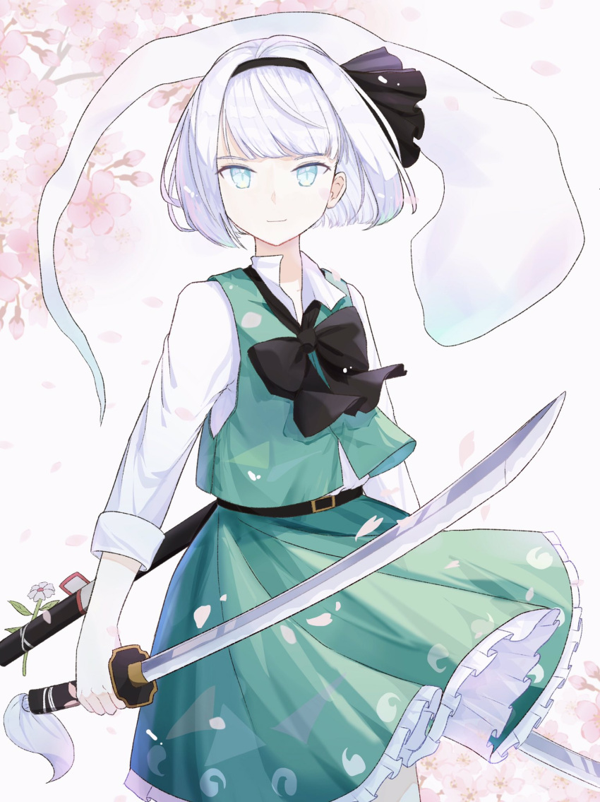 1girl, bangs, belt, black_belt, black_bow, black_hairband, black_neckwear, black_ribbon, bob_cut, bow, bowtie, cherry_blossoms, closed_mouth, collared_shirt, commentary, cowboy_shot, dual_wielding, floating_hair, flower, frilled_skirt, frills, green_skirt, green_vest, hair_ribbon, hairband, highres, hitodama, hitodama_print, holding, holding_sword, holding_weapon, katana, konpaku_youmu, konpaku_youmu_(ghost), light_blue_eyes, light_smile, looking_at_viewer, nyanaya, petals, pink_flower, ribbon, shirt, short_hair, skirt, skirt_set, solo, swept_bangs, sword, tassel, touhou, vest, weapon, white_flower, white_hair, white_shirt, wind