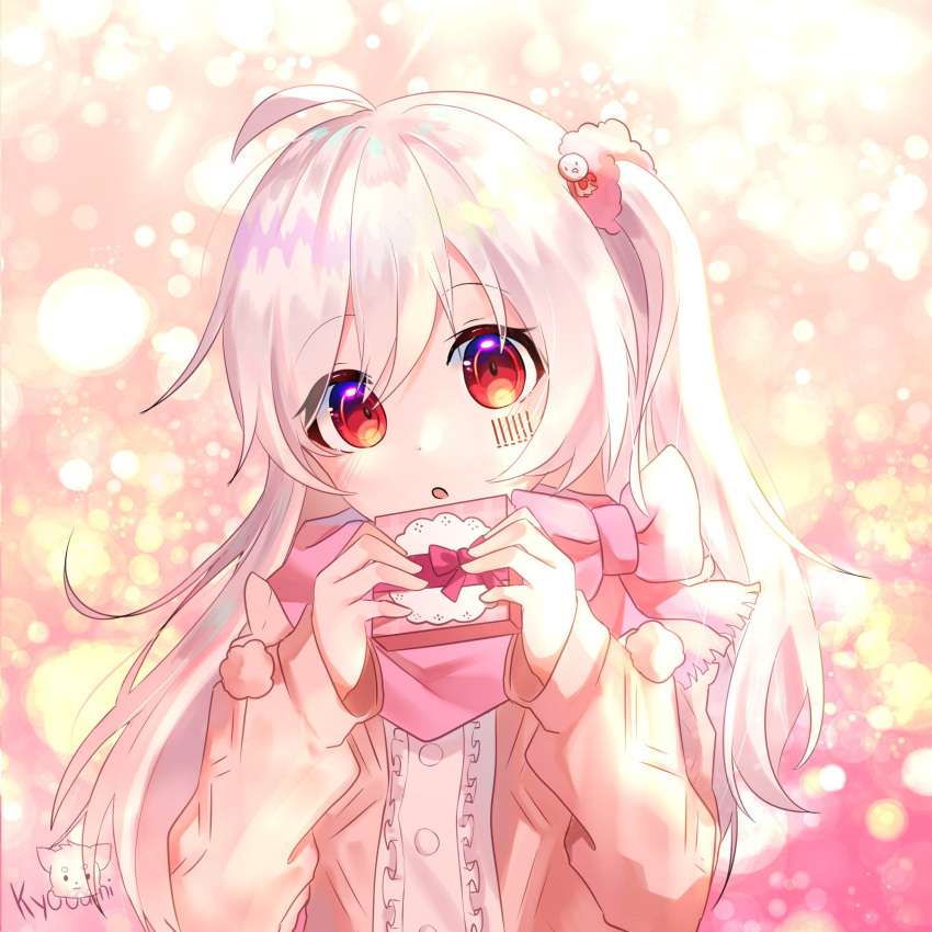 1girl, bangs, blush, breasts, highres, kyooami, large_breasts, long_hair, looking_at_viewer, mafumafu, manun-chan, niconico, open_mouth, short_hair, simple_background, skirt, smile, solo, utaite_(singer)