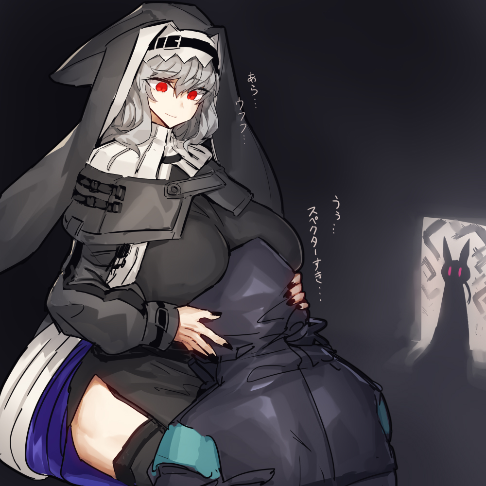 1other, 2girls, amiya_(arknights), animal_ears, arknights, bangs, black_dress, black_jacket, black_nails, breasts, commentary_request, doctor_(arknights), dress, eyebrows_visible_through_hair, habit, hair_between_eyes, head_on_another's_stomach, holding_another's_head, hood, hooded_jacket, jacket, jewelry, large_breasts, long_hair, long_sleeves, looking_at_viewer, melon22, multiple_girls, necklace, nun, off-shoulder_dress, off_shoulder, originium_arts_(arknights), rabbit_ears, rabbit_girl, red_eyes, ribbed_sweater, silhouette, silver_hair, solo, specter_(arknights), sweater, thigh-highs, thighs, translation_request, white_sweater