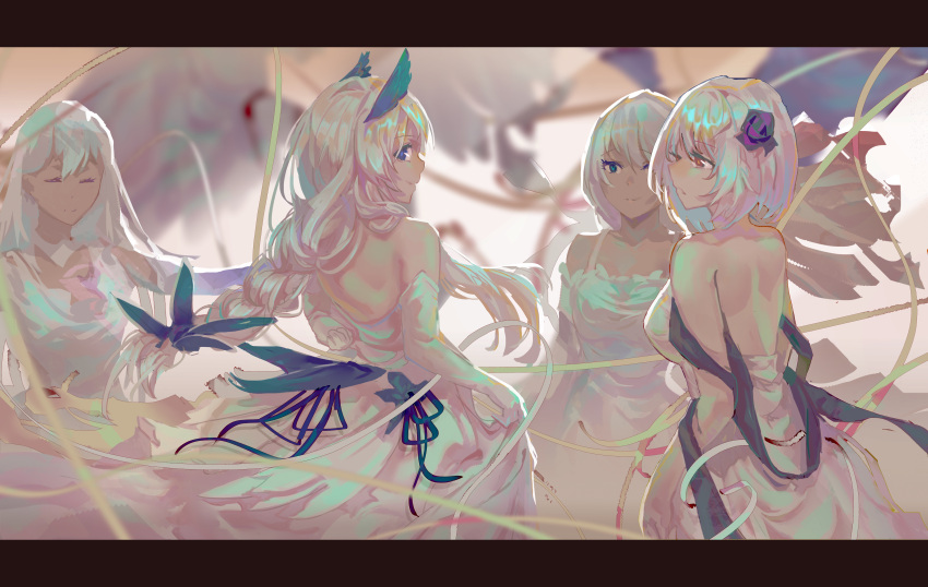 4girls, absurdres, azur_lane, backless_dress, backless_outfit, bare_shoulders, belfast_(azur_lane), blue_eyes