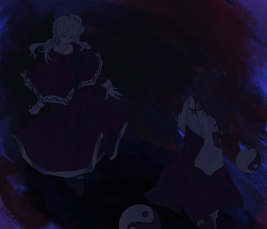 2girls, black_ribbon, blue_eyes, bow, brown_hair, dark, dress, full_body