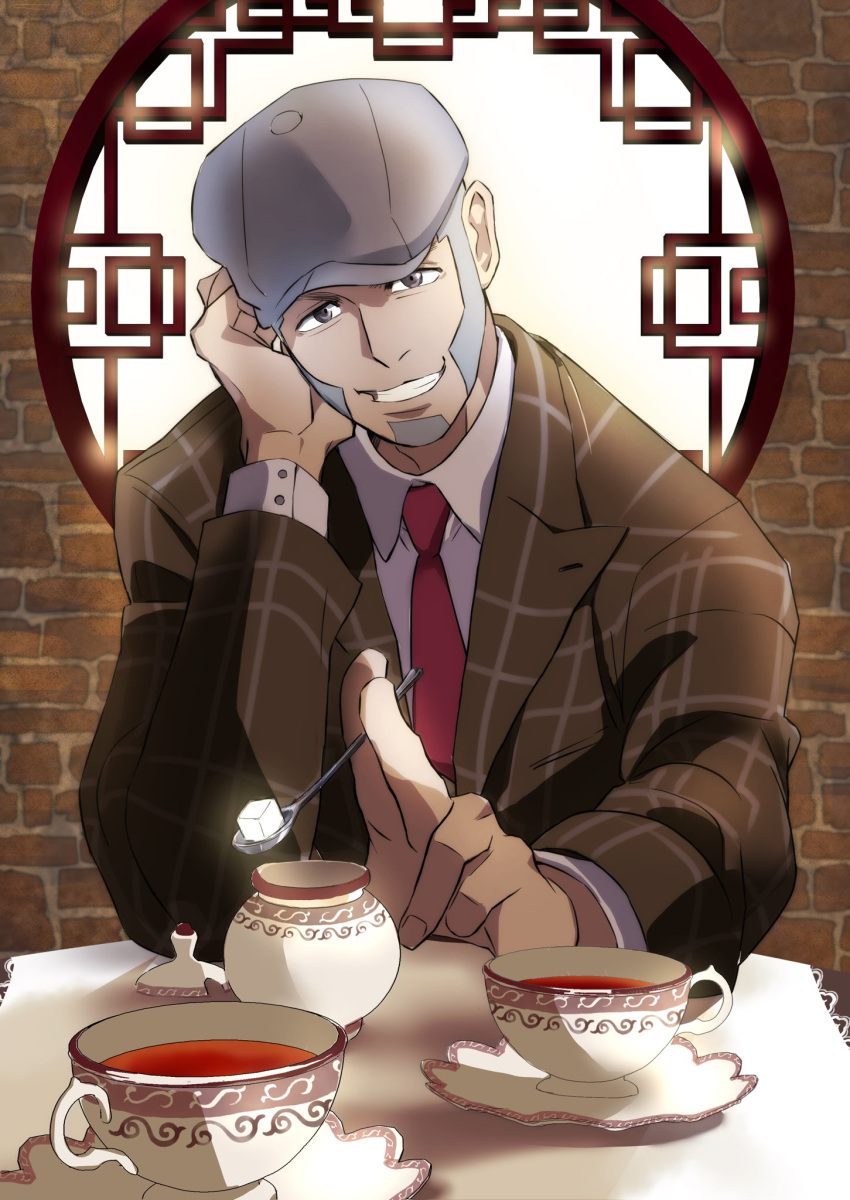 1boy, buzz_cut, cup, golden_kamuy, gomen_koumuru, grey_hair, grey_headwear, highres