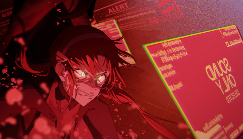 1girl, absurdres, bubble, clenched_teeth, dutch_angle, entry_plug, floating_hair, glowing, glowing_eyes, green_eyes, highres, holographic_interface, huge_filesize, interface_headset, k-tenji, long_hair, makinami_mari_illustrious, neon_genesis_evangelion, plugsuit, rebuild_of_evangelion, redhead, semi-rimless_eyewear, solo, submerged, teeth, under-rim_eyewear, user_interface