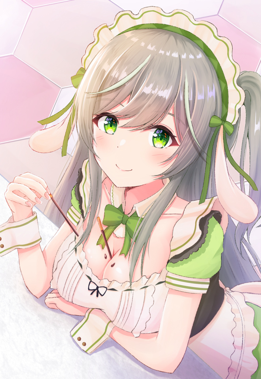 1girl, apron, bow, breasts, food, highres, hikkyou, large_breasts