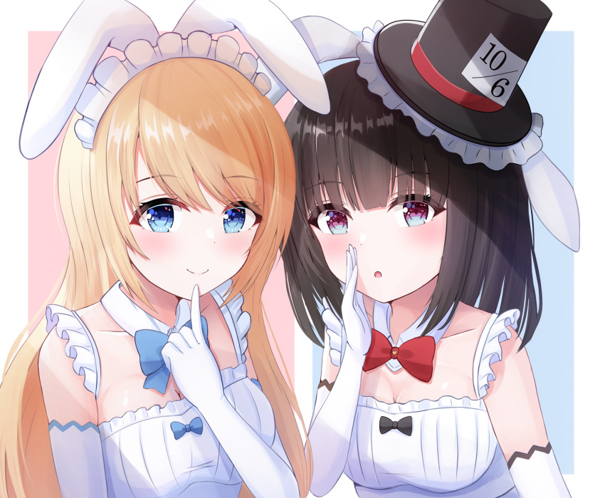 2girls, alice_in_wonderland, animal_ears, black_hair, blonde_hair, boushiya_elle, bow, elbow_gloves, gloves, highres, hikkyou, long_hair, maid, maid_headdress, masquerade_channel, multiple_girls, rabbit_ears, virtual_youtuber, yumemiya_alice