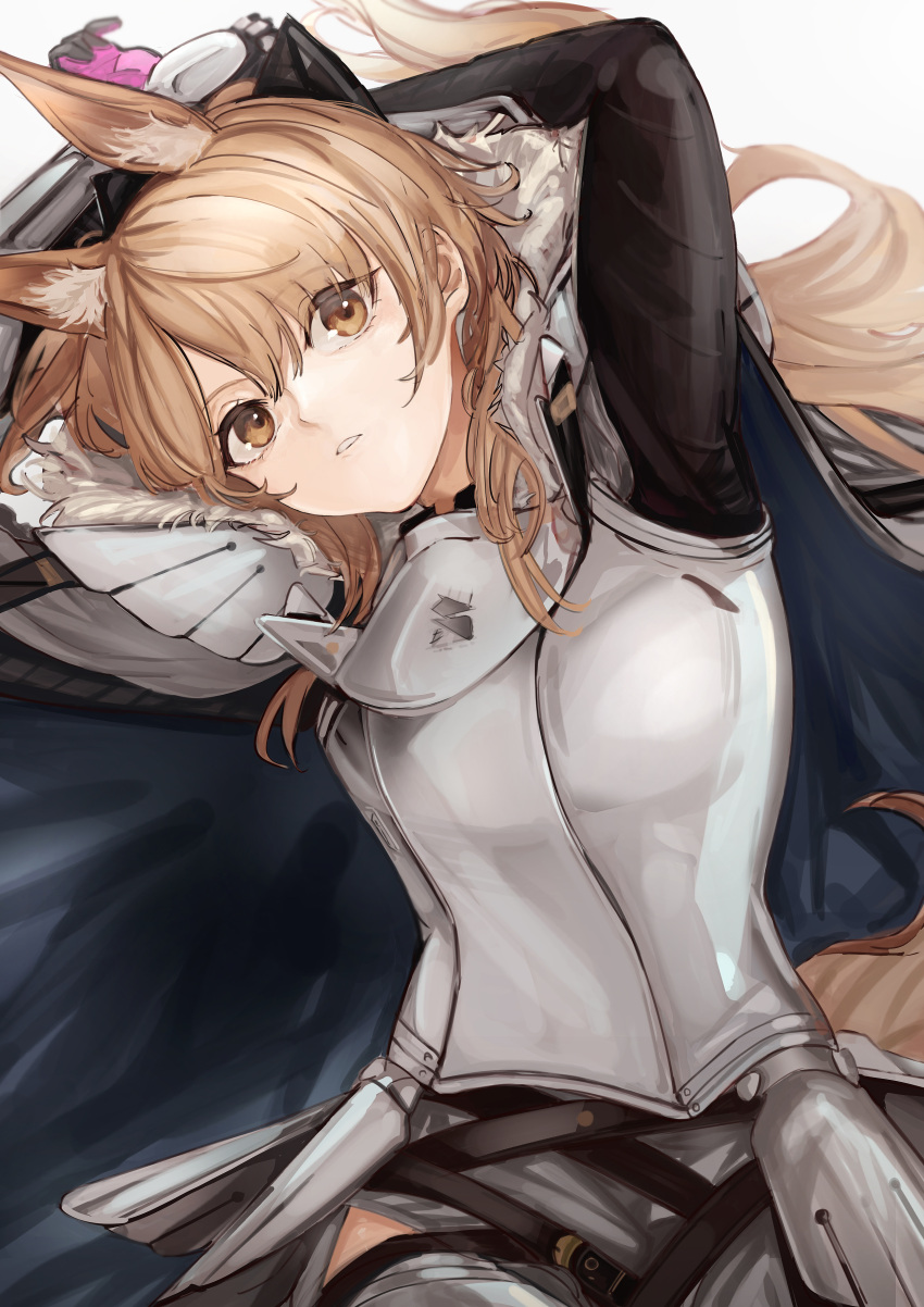 1girl, absurdres, animal_ear_fluff, animal_ears, arknights, armor, arms_behind_head, bangs