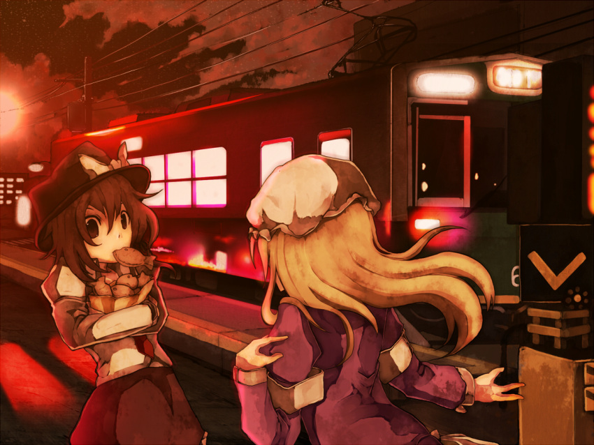 blonde_hair, brown_eyes, brown_hair, food, hat, kyoto, lamppost, long_hair, maribel_hearn, mouth_hold, multiple_girls, necktie, night, real_world_location, streetlight, taiyaki, tokoroten_(hmmuk), touhou, train, usami_renko, wagashi