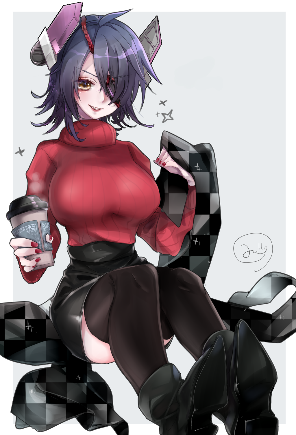 1girl, alternate_costume, black_footwear, black_legwear, black_skirt, boots, breasts, cup, disposable_cup, eyepatch, headgear, high_heel_boots, high_heels, highres, holding, holding_cup, kantai_collection, large_breasts, long_sleeves, miniskirt, mizoredama1, purple_hair, red_sweater, short_hair, sitting, skirt, solo, sweater, tenryuu_(kancolle), thigh-highs, yellow_eyes