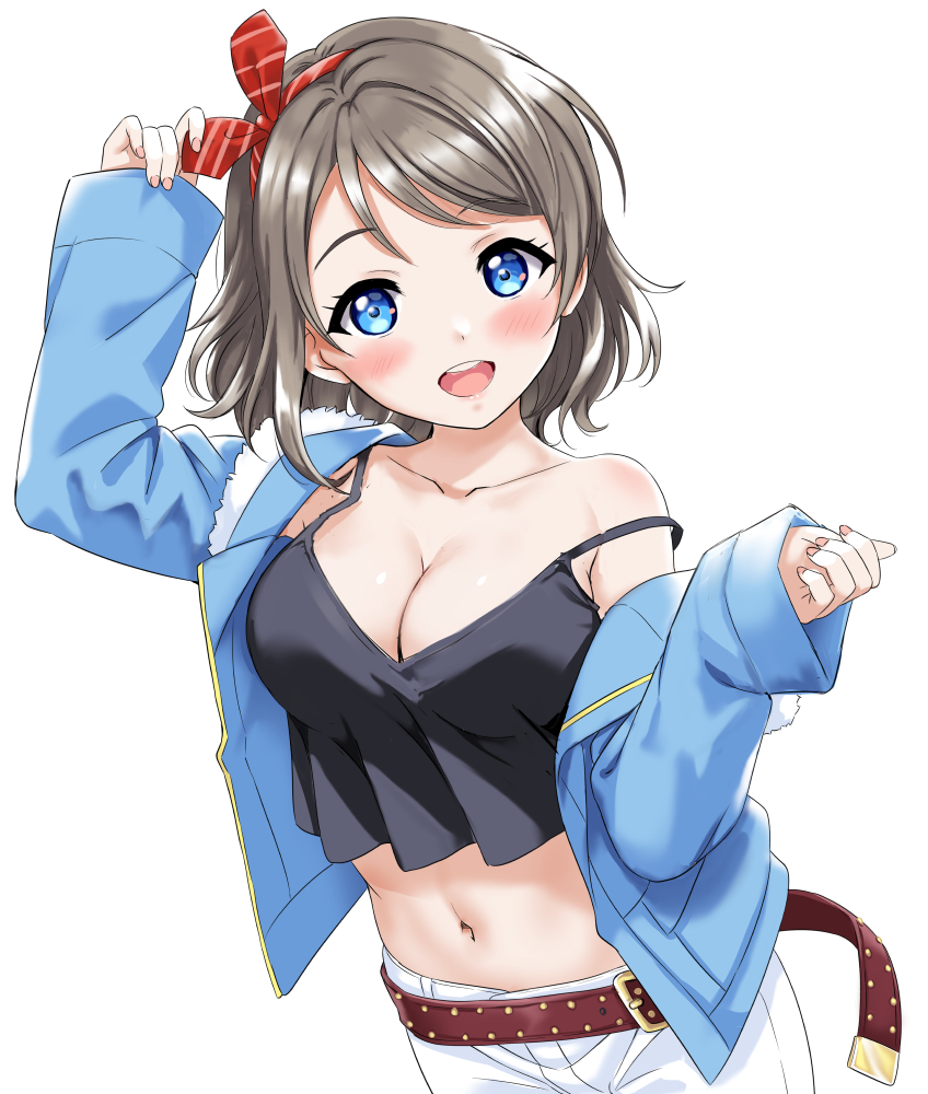 1girl, :d, arm_up, bangs, belt, blue_eyes, blue_jacket, blush
