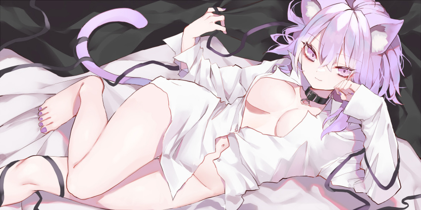 1girl, ahoge, animal_ear_fluff, animal_ears, bangs, bed, blush, breasts