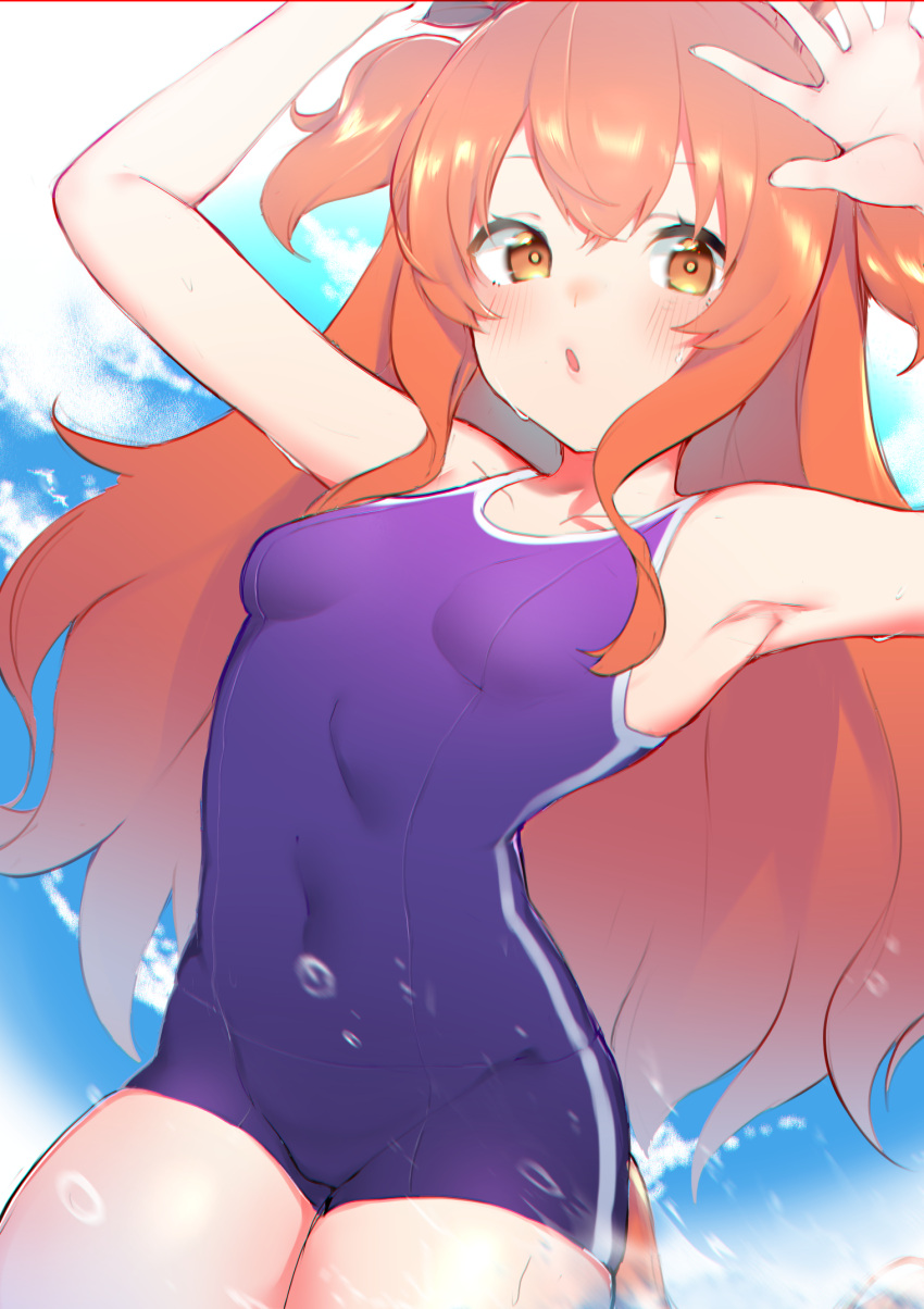 1girl, animal_ears, armpits, arms_up, bangs, bare_arms, bare_shoulders, blue_swimsuit