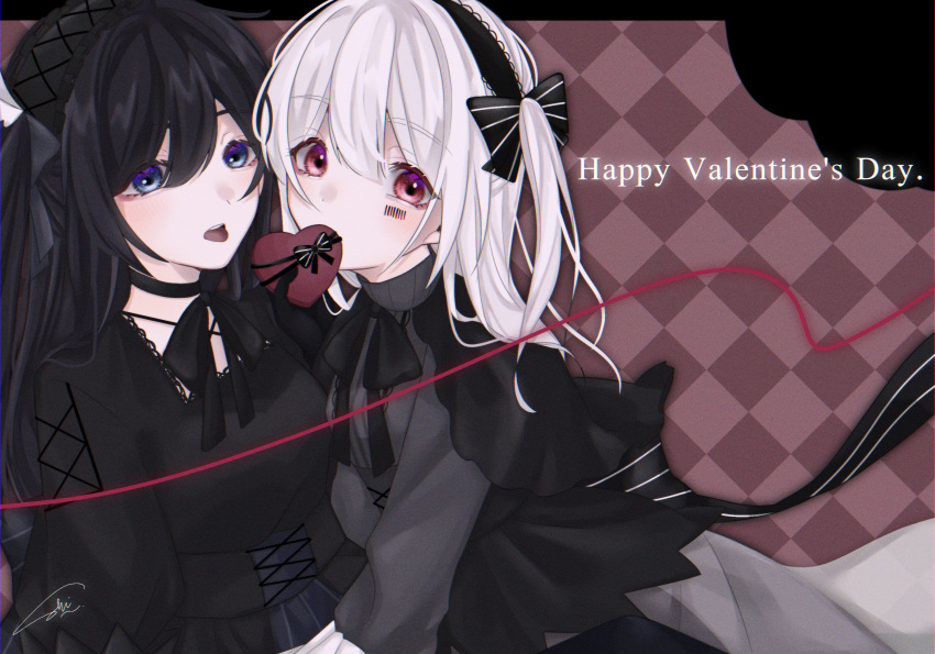 2girls, after_the_rain, blush, box, breasts, chocolate, food, gift