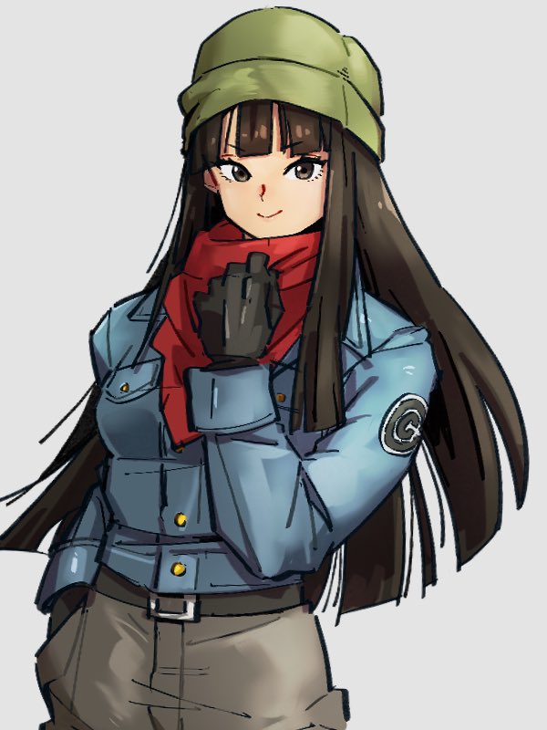 1girl, beanie, belt, black_belt, black_gloves, brown_eyes, brown_hair, brown_pants