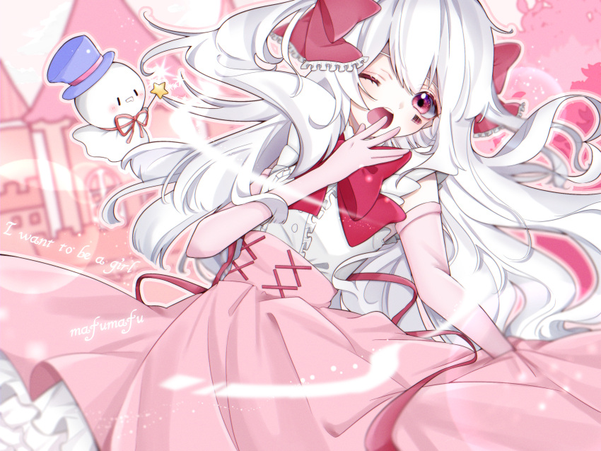 1girl, barcode_tattoo, blush, breasts, dress, highres, huge_filesize, long_hair, looking_at_viewer, mafumafu, mochita_sei, niconico, open_mouth, red_eyes, short_hair, simple_background, smile, solo, tattoo, user_dgrs8358, utaite_(singer), white_hair