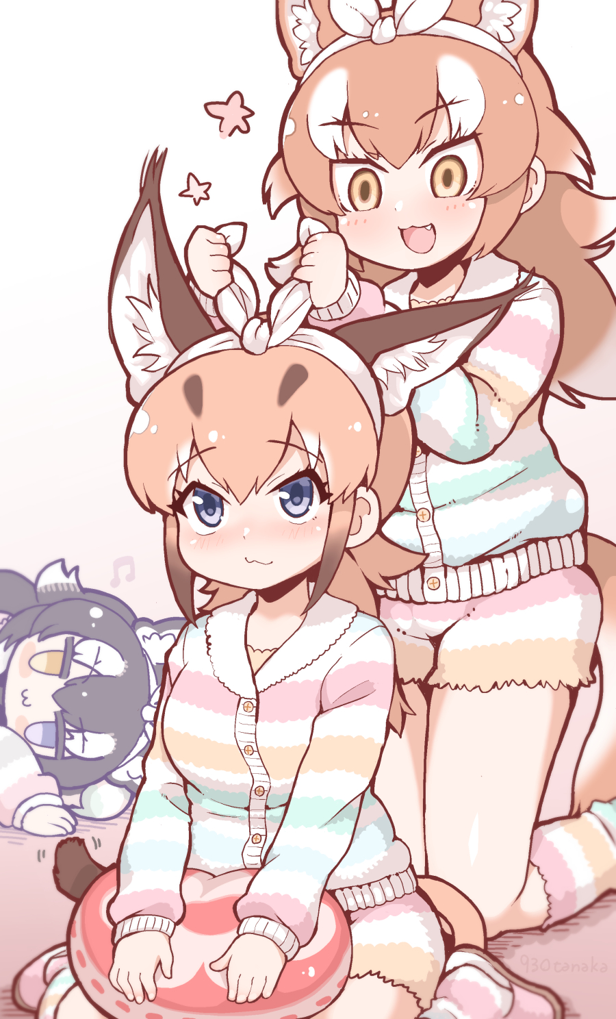 3girls, :3, animal_ears, blue_eyes, blush, bow, caracal_(kemono_friends), caracal_ears