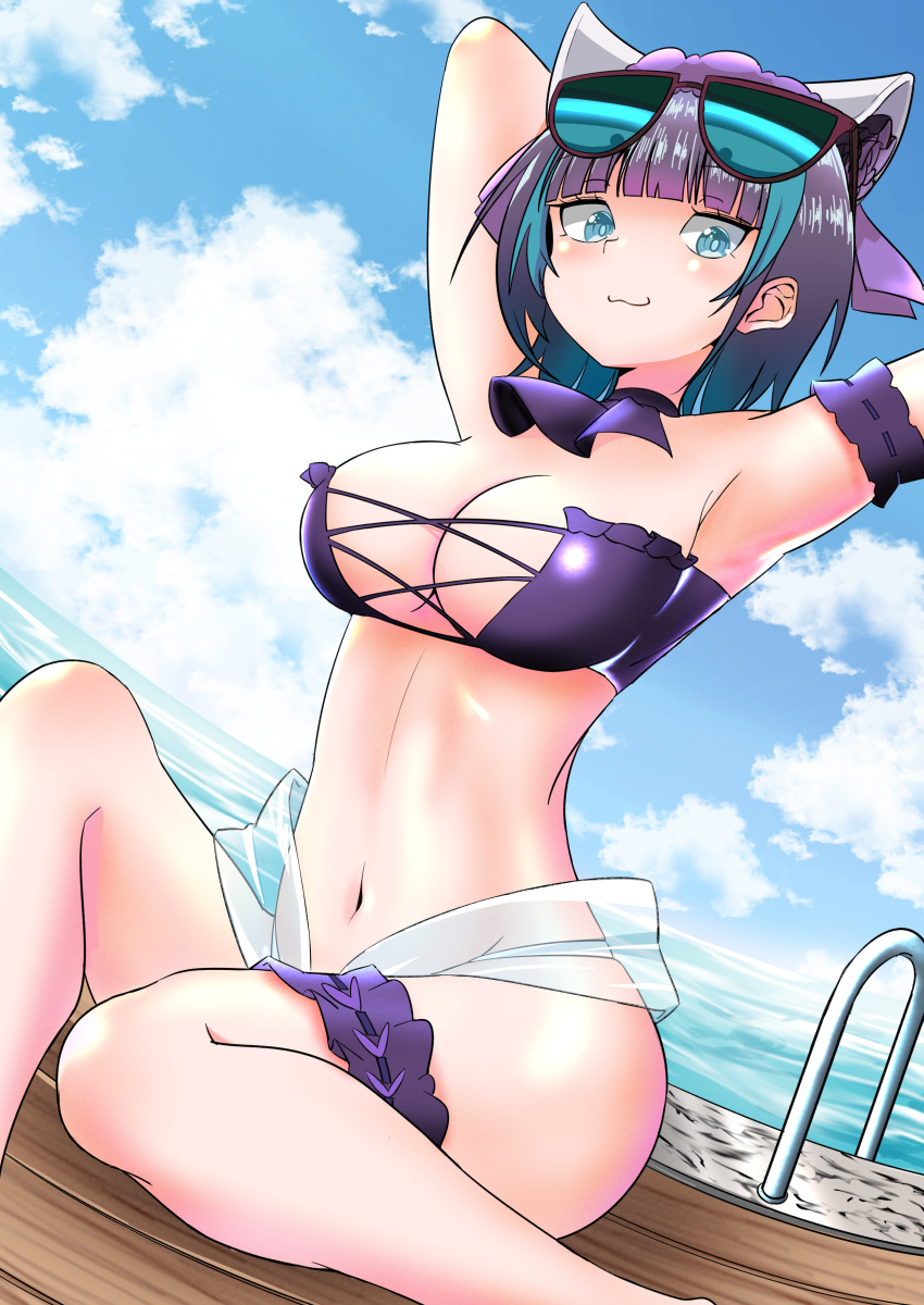 1girl, :3, absurdres, animal_band, arm_garter, armpits, arms_behind_head, arms_up, azur_lane, bangs, beach_chair, beach_umbrella, bikini, blue_eyes, breasts, cheshire_(azur_lane), cheshire_(summery_date!)_(azur_lane), edoara, eyewear_on_head, grey_hair, highres, large_breasts, leg_garter, long_hair, long_ribbon, looking_at_viewer, maid, maid_headdress, multicolored_hair, navel, purple_bikini, sarong, smile, solo, strapless, strapless_bikini, streaked_hair, sunglasses, swimsuit, swimwear, tinted_eyewear, umbrella