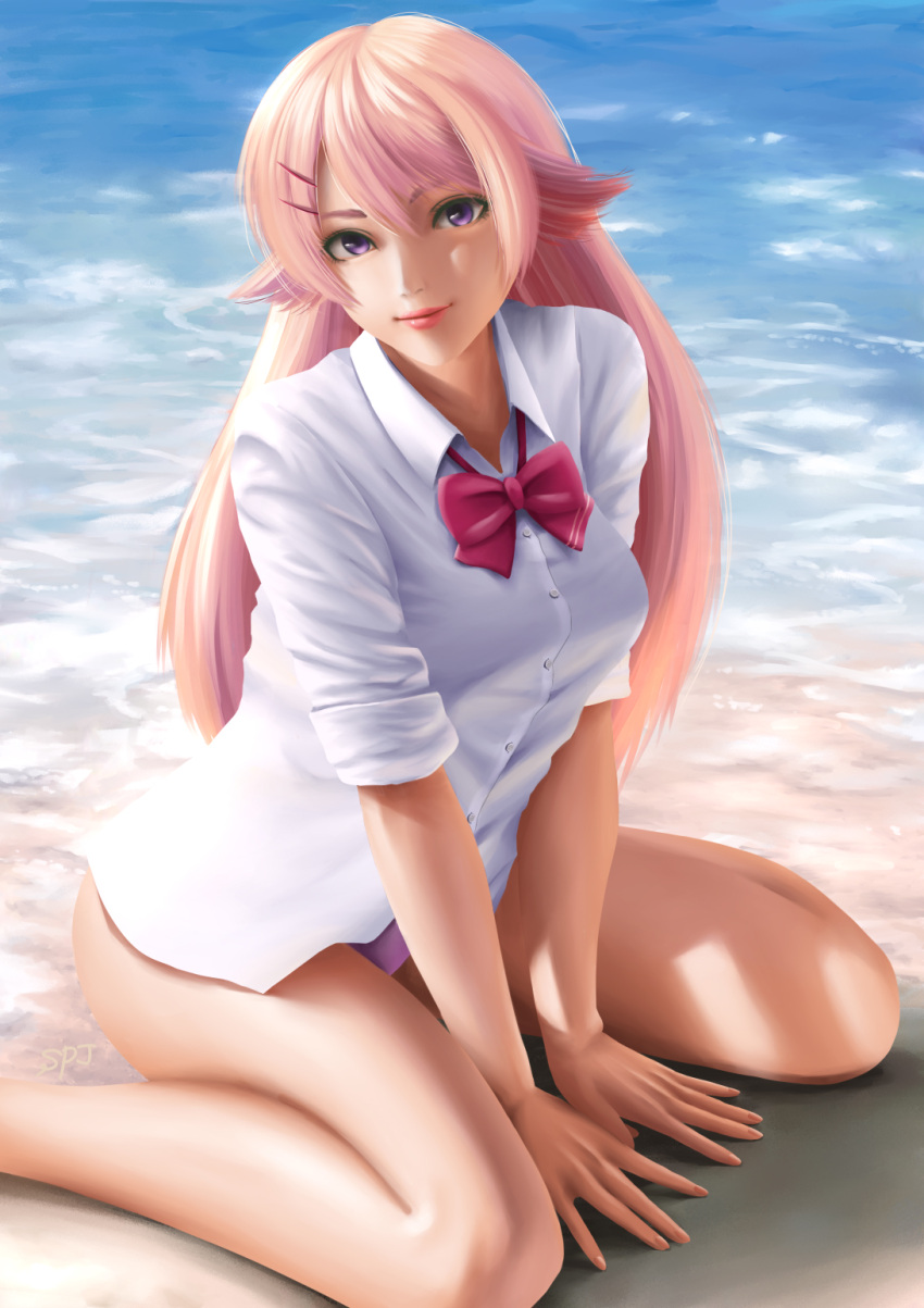 1girl, bare_legs, beach, blonde_hair, hair_ornament, hairclip, highres, kujou_shion