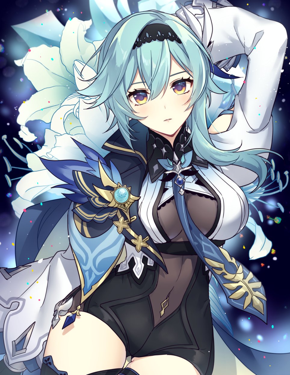 1girl, arms_up, blue_hair, blue_neckwear, blush, bodystocking, breasts, covered_navel