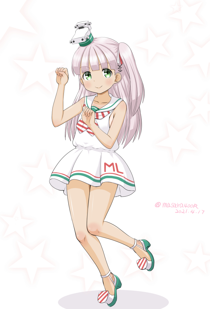 1girl, anchor_hair_ornament, bangs, blunt_bangs, commentary_request, dress, full_body, green_eyes, hair_ornament, hair_ribbon, horse_pose, kantai_collection, long_hair, looking_at_viewer, maestrale_(kancolle), masara_(chuujou), neckerchief, one_side_up, ribbon, sailor_collar, sailor_dress, silver_hair, sleeveless, sleeveless_dress, solo, starry_background, striped, striped_neckwear, tan, white_background, white_dress, white_headwear, white_sailor_collar