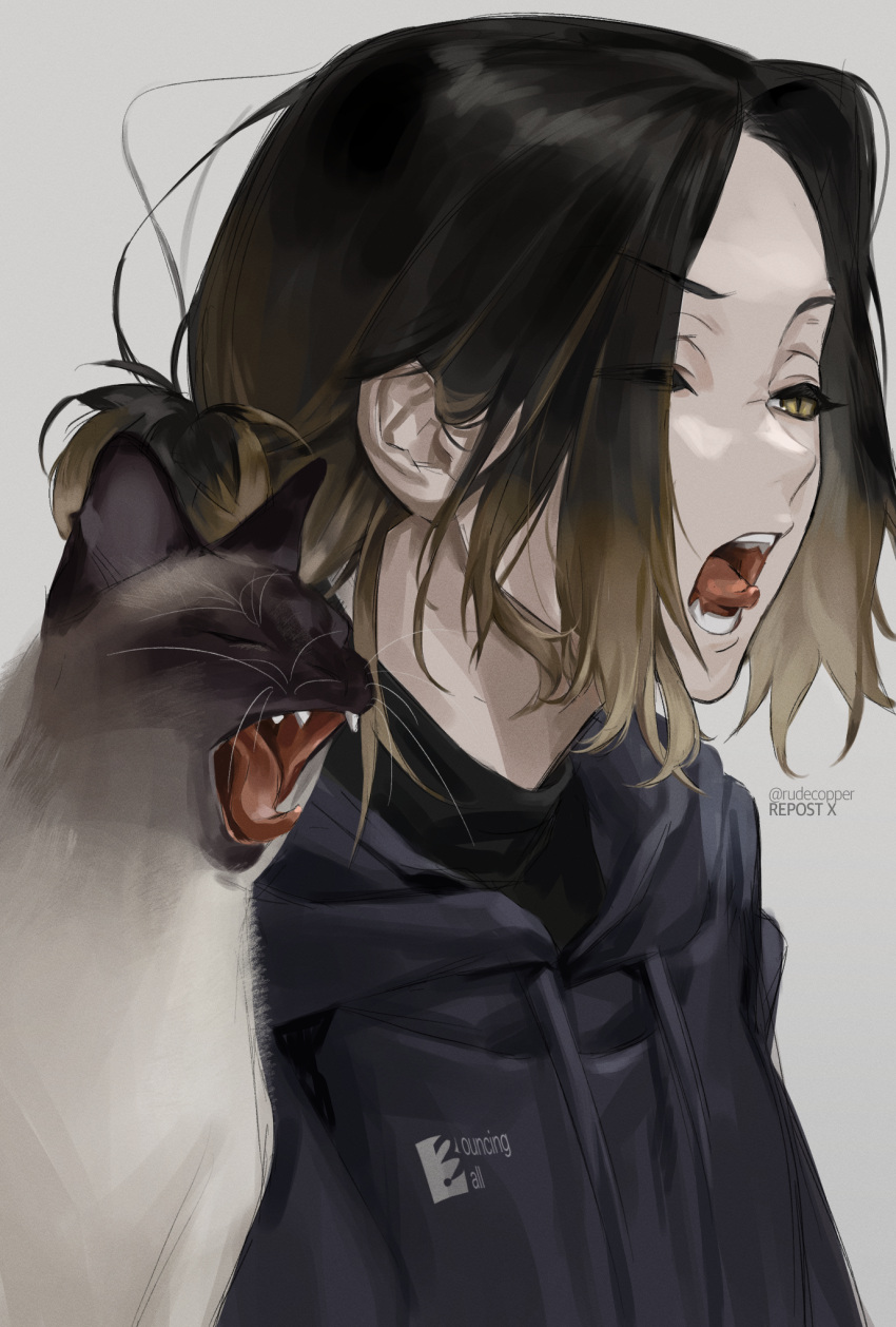 1boy, animal, black_hoodie, black_shirt, brown_eyes, brown_hair, cat, closed_eyes