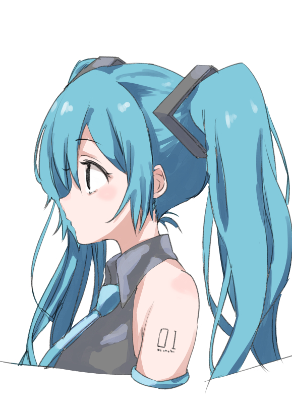 1girl, aqua_eyes, aqua_hair, aqua_neckwear, bare_shoulders, black_sleeves, blush, bokarokaku