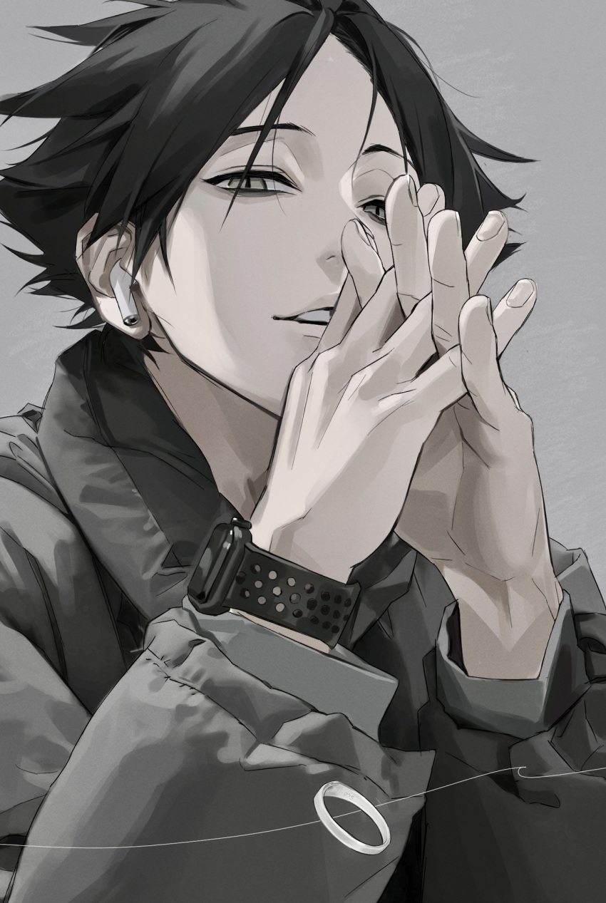 1boy, airpods, bangs, black_hair, grey_background, grey_eyes, haikyuu!!, headphones, highres, jacket, keki_chogyegi, long_sleeves, looking_at_viewer, male_focus, parted_lips, short_hair, simple_background, solo, suna_rintarou, upper_body, watch, watch