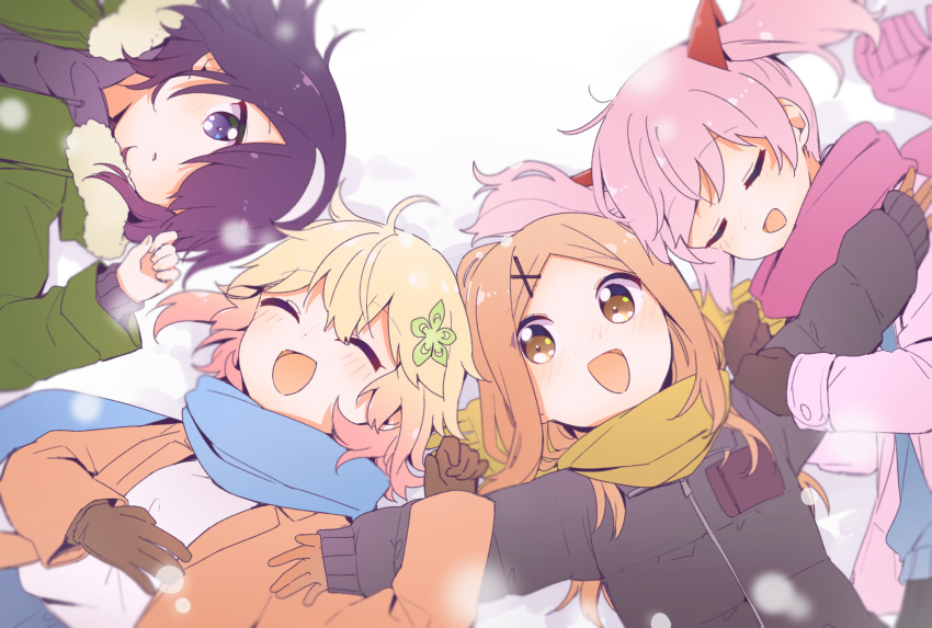4girls, ahoge, bafarin, black_hair, black_jacket, blonde_hair, blue_scarf, brown_gloves