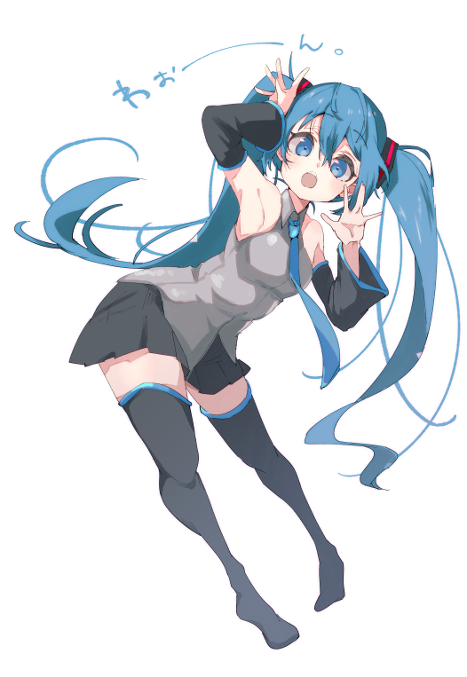 1girl, armpits, bare_shoulders, bent_over, black_legwear, black_skirt, black_sleeves, blue_eyes