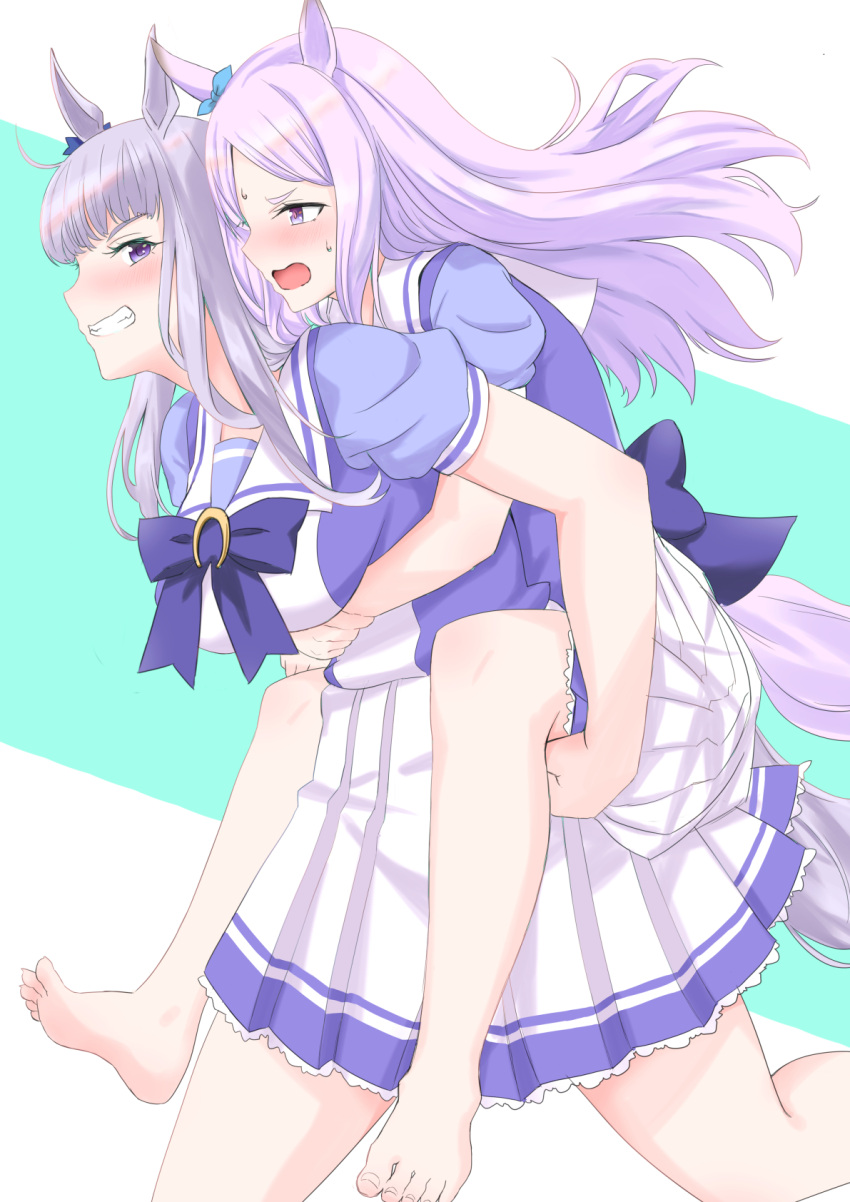 2girls, animal_ears, bangs, barefoot, blunt_bangs, blush, carrying, gold_ship_(umamusume)