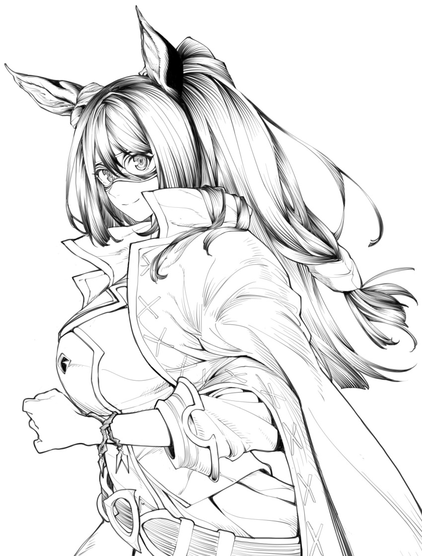 1girl, animal_ears, belt, breasts, coat, coat_on_shoulders, domino_mask, el_condor_pasa_(umamusume)