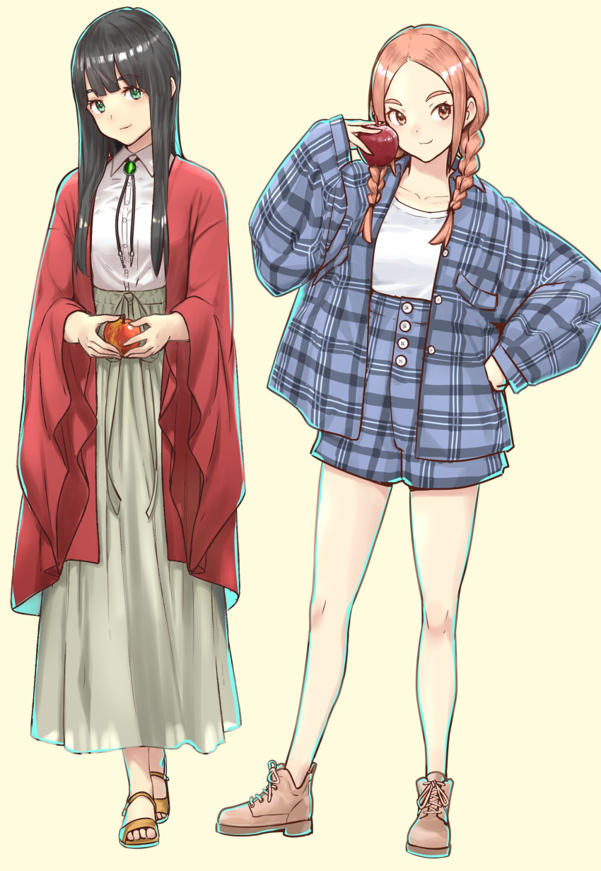 2girls, absurdres, apple, black_hair, brown_hair, chromatic_aberration, cloak, flying_witch
