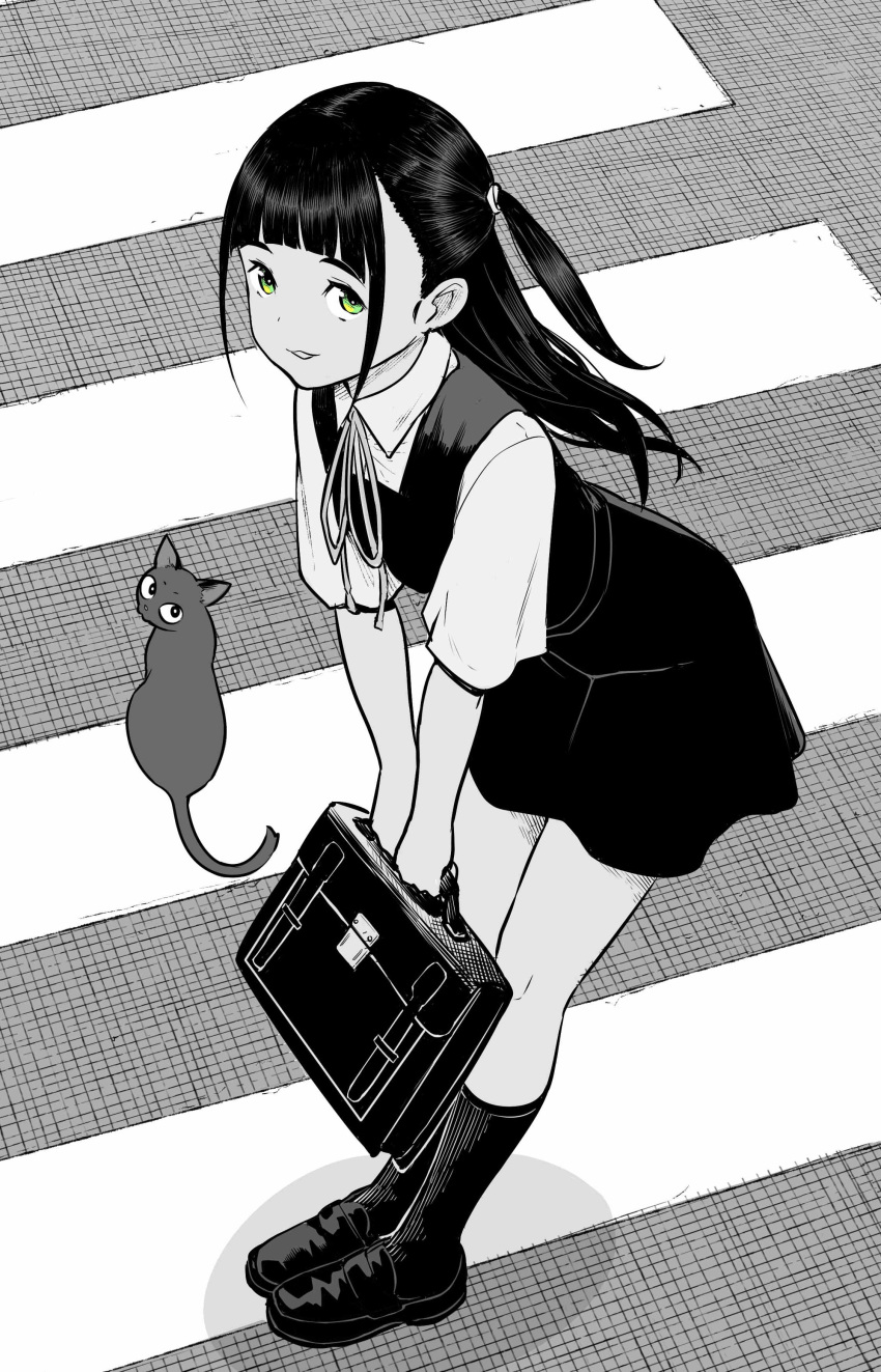 1girl, absurdres, bag, bangs, black_dress, black_hair, black_legwear, briefcase