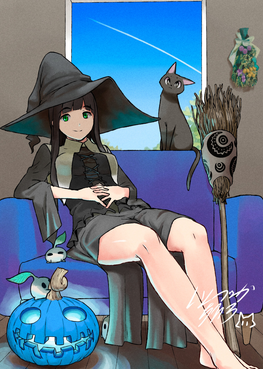 1girl, absurdres, bangs, barefoot, black_hair, black_skirt, broom, cat
