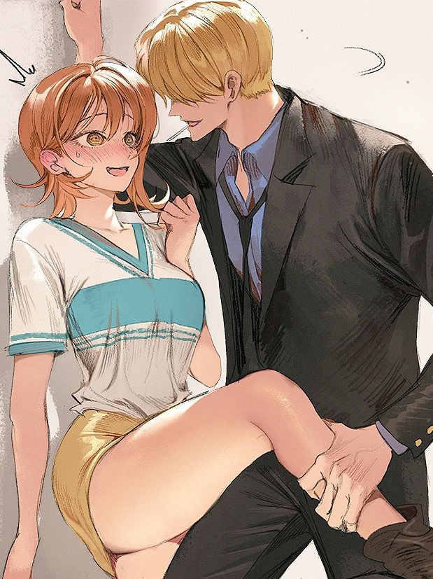 1boy, 1girl, @_@, black_suit, blonde_hair, blush, candy, closed_eyes, food, formal, hetero, leg_hold, lollipop, looking_at_another, loose_necktie, manly, nami_(one_piece), necktie, nervous_smile, nose_blush, one_piece, orange_hair, pinned, role_reversal, runa_(artist), sanji, shirt, short_hair, short_sleeves, skirt, suit, sweatdrop, wall_slam, white_shirt, yellow_skirt