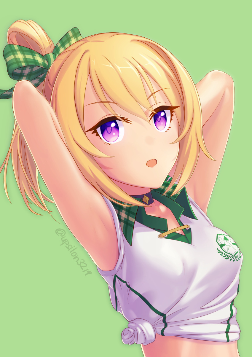 1girl, absurdres, armpits, arms_behind_head, arms_up, bangs, blonde_hair, blush