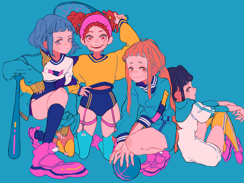 4girls, absurdres, bangs, baseball_bat, basketball, black_hair, bloomers, blue_background