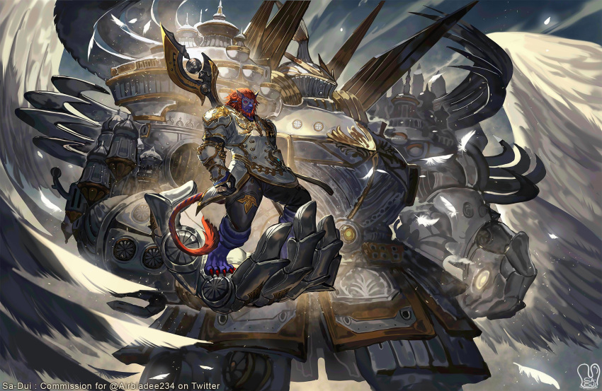 1boy, alexander_(final_fantasy), angel_wings, armor, axe, beard, blue_skin, claws
