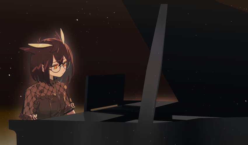 1girl, arknights, brown_background, brown_dress, dress, dust_particles, earrings, feather_hair