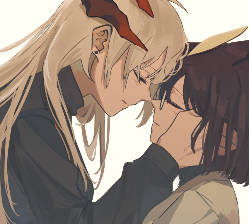 2girls, arknights, black_coat, brown_hair, closed_eyes, coat, dragon_horns, earrings