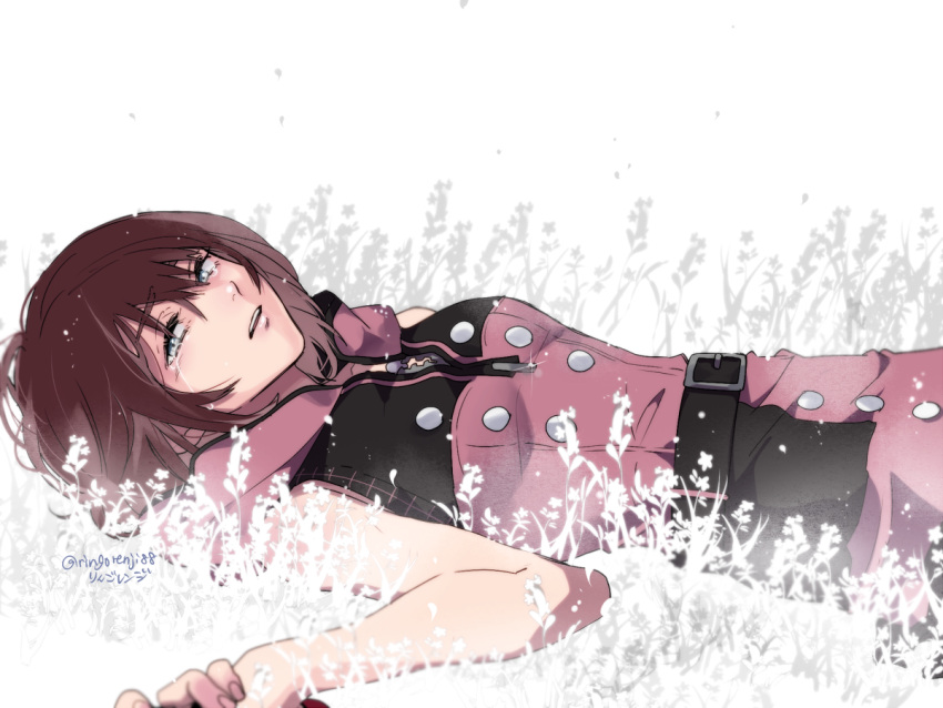 1boy, 1girl, belt, blue_eyes, breasts, crying, crying_with_eyes_open, dress, hood, kairi_(kingdom_hearts), kingdom_hearts, kingdom_hearts_iii, looking_at_viewer, open_mouth, redhead, ringorenji, short_hair, sleeveless, tears, zipper