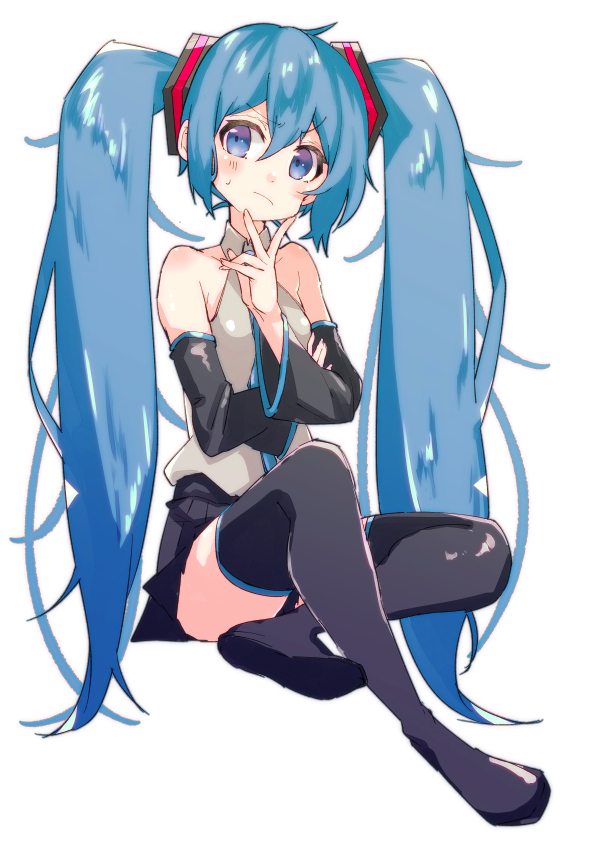 1girl, bare_shoulders, black_legwear, black_skirt, black_sleeves, blue_eyes, blue_hair, blue_neckwear