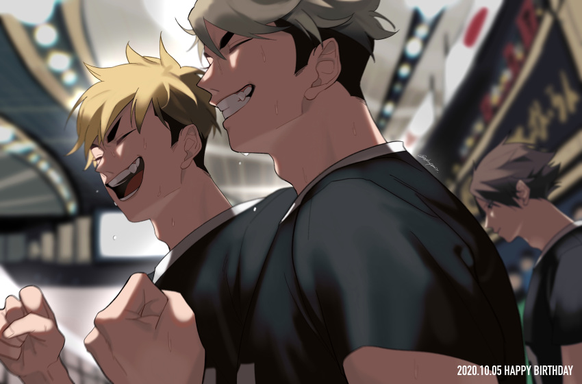 3boys, ^_^, ^o^, absurdres, adam's_apple, bangs, black_hair, blonde_hair