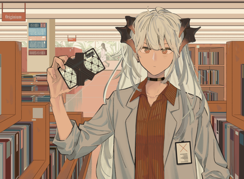 2girls, arknights, black_choker, book, bookshelf, choker, collared_shirt, dragon_horns