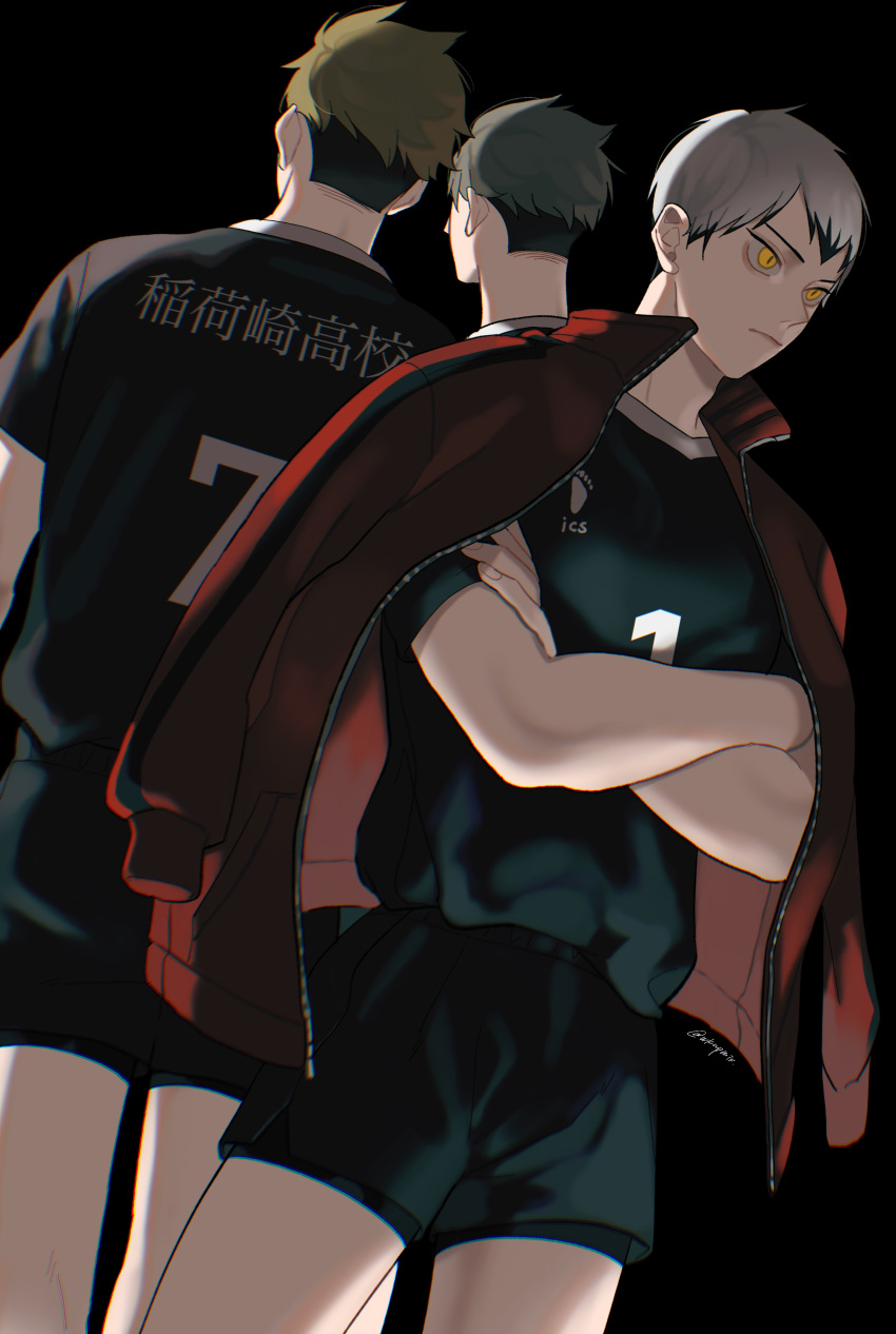 3boys, absurdres, back-to-back, bangs, black_background, crossed_arms, from_behind, grey_hair